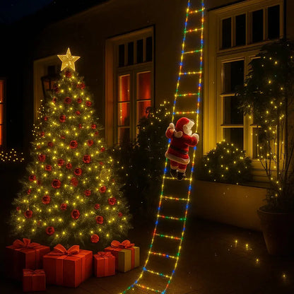 Klimora | Weihnachtsdeko kletternder Weihnachtsmann mit LED-Leiter, ca. 2,5 m