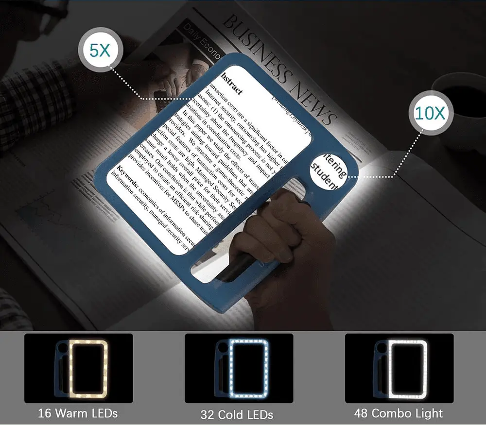 Lupenia | Lupa de lectura LED con aumentos de 5 y 10 veces, 48 LED, USB o pilas