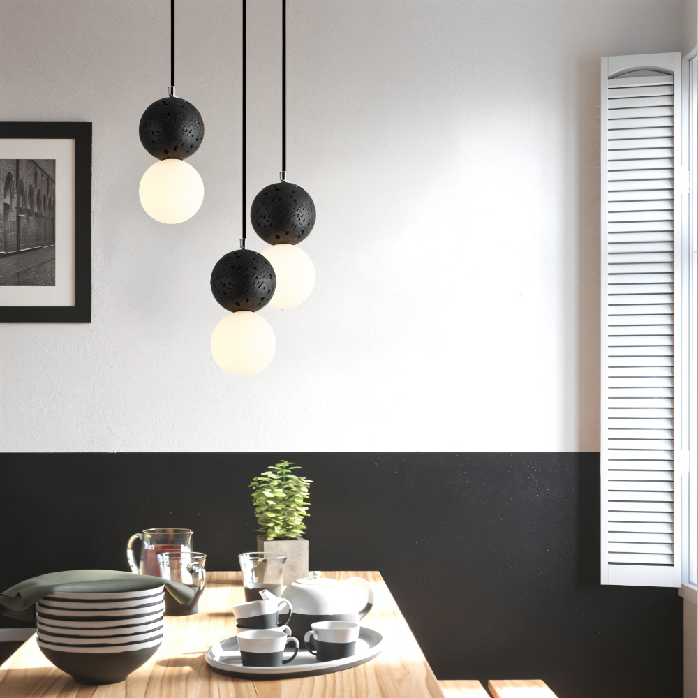 LumeGlobe – Elegante lampada a sospensione a doppia sfera in vetro e metallo per il tavolo da pranzo