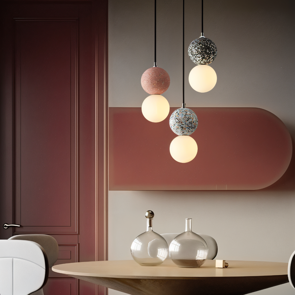LumeGlobe – Elegante lampada a sospensione a doppia sfera in vetro e metallo per il tavolo da pranzo