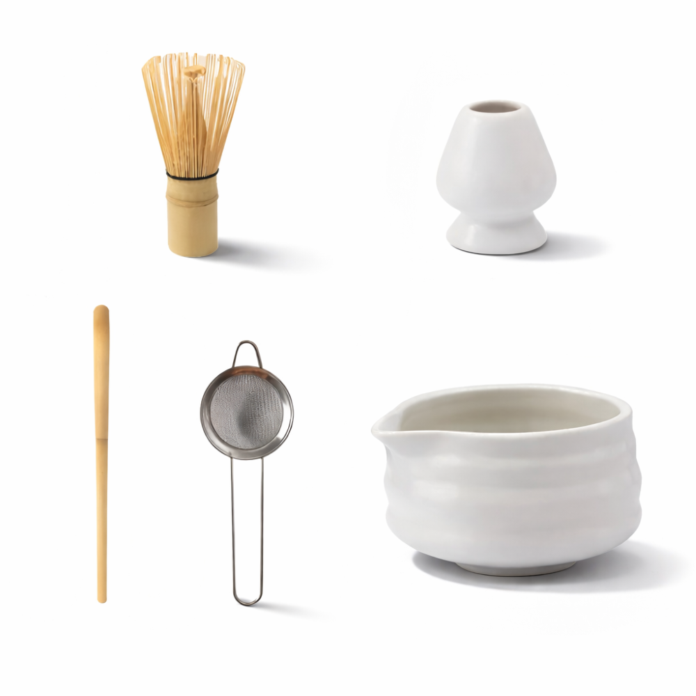 Set Matcha 5 pezzi | Ciotola in ceramica bianca 460 ml | Con frusta in bambù | Design giapponese
