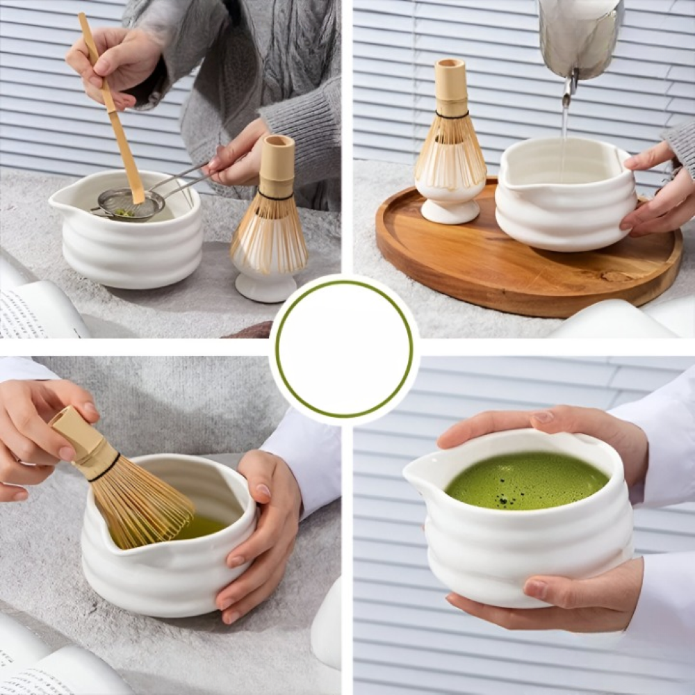 Set Matcha 5 pezzi | Ciotola in ceramica bianca 460 ml | Con frusta in bambù | Design giapponese