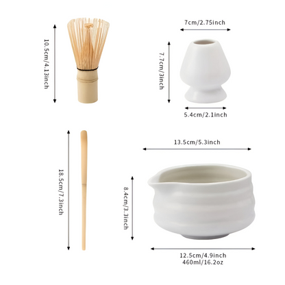 Set Matcha 5 pezzi | Ciotola in ceramica bianca 460 ml | Con frusta in bambù | Design giapponese