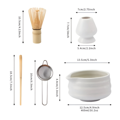 Set Matcha 5 pezzi | Ciotola in ceramica bianca 460 ml | Con frusta in bambù | Design giapponese