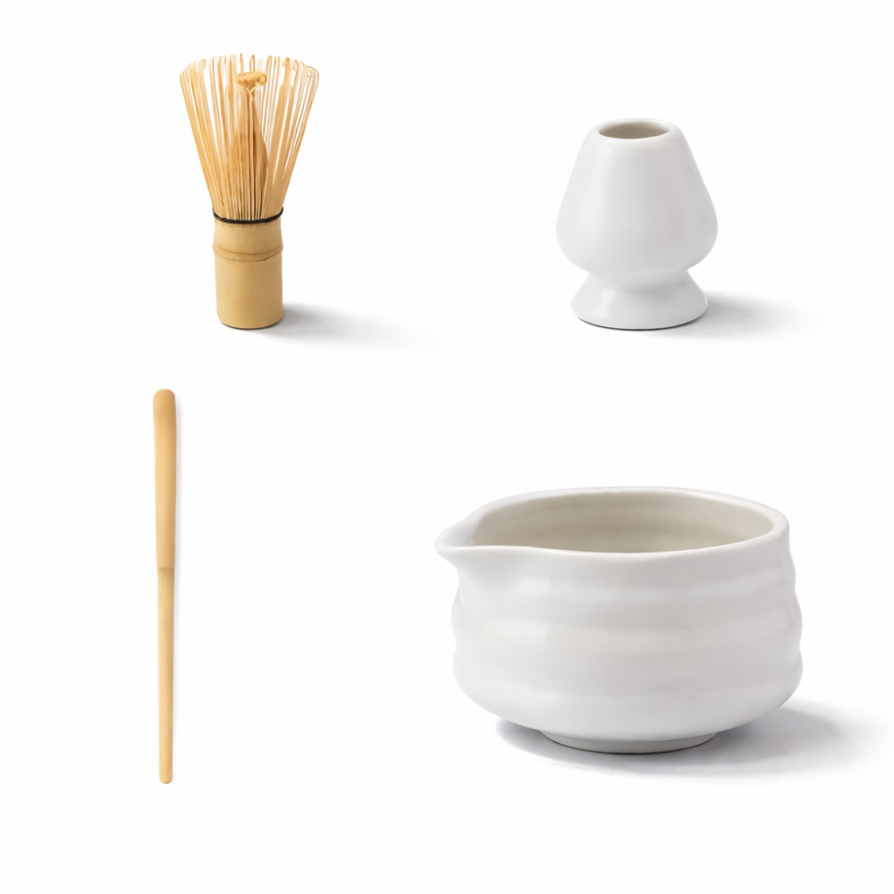 Set Matcha 5 pezzi | Ciotola in ceramica bianca 460 ml | Con frusta in bambù | Design giapponese