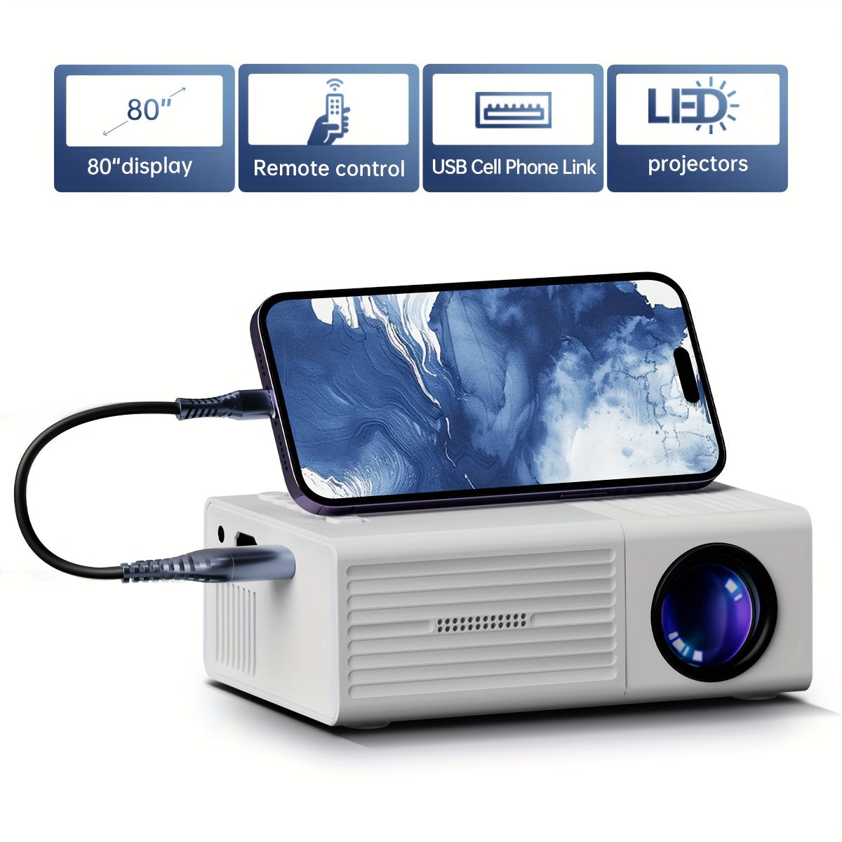 Taschio | Mini proyector con conexión para el móvil, ideal para cine en casa y noches de películas