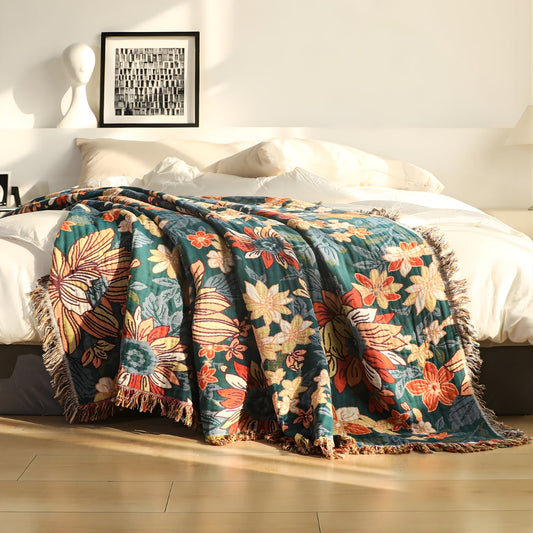 Manta de algodón con flecos y estampado floral de moda