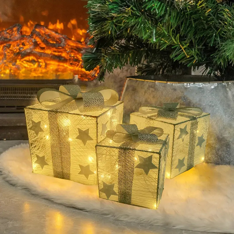 Boxelia | Lot de 3 boîtes-cadeaux LED pour décoration de Noël, à piles