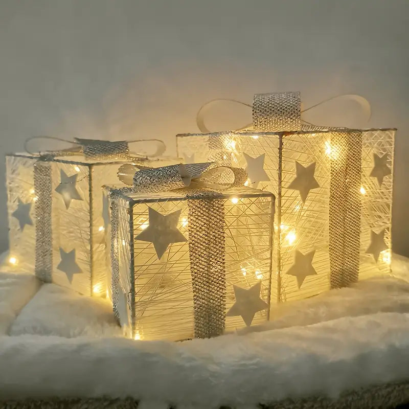 Boxelia | Lot de 3 boîtes-cadeaux LED pour décoration de Noël, à piles