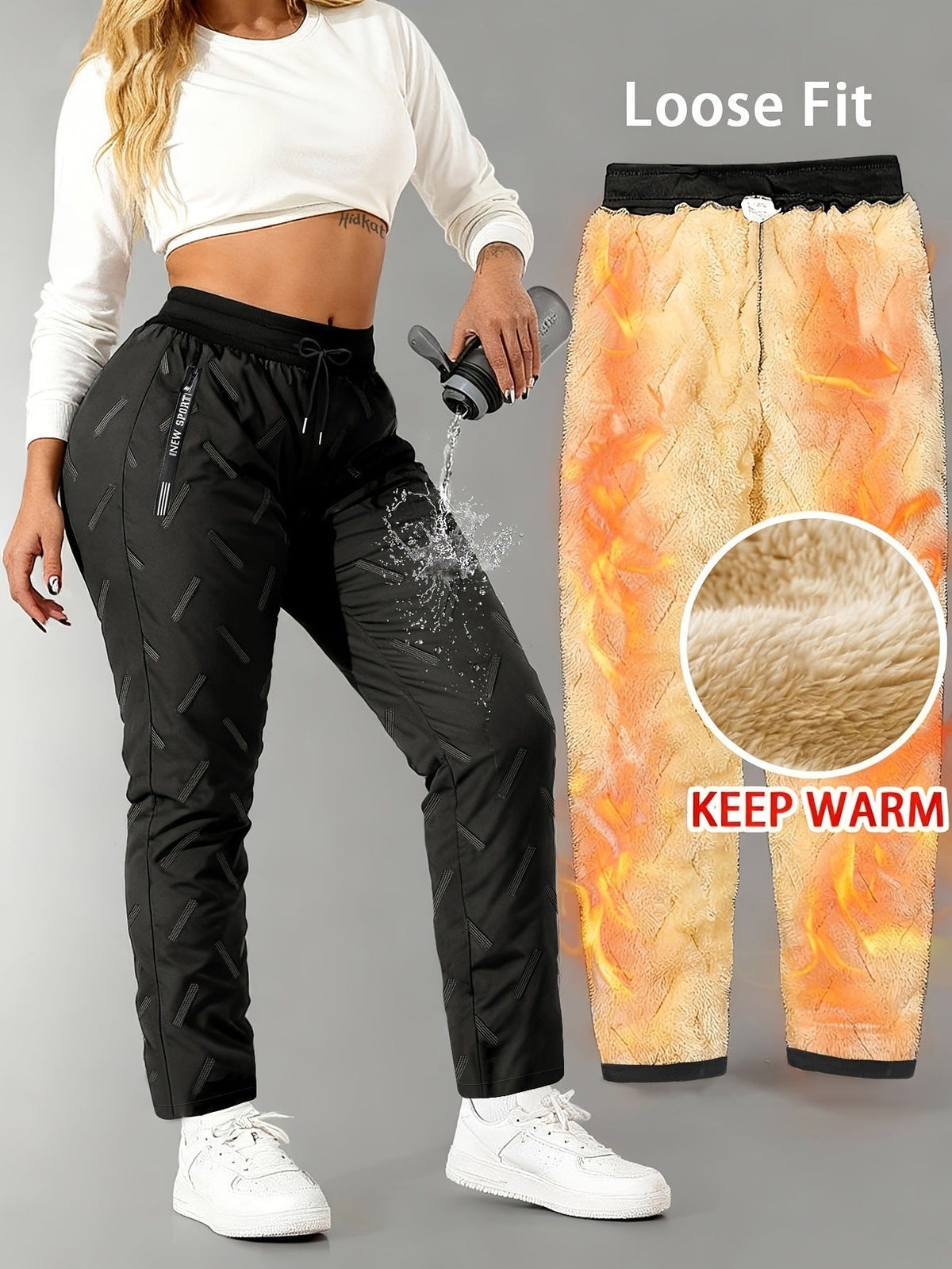 Fleevra | Pantaloni termici con fodera in pile, idrorepellenti, 2 tasche con cerniera