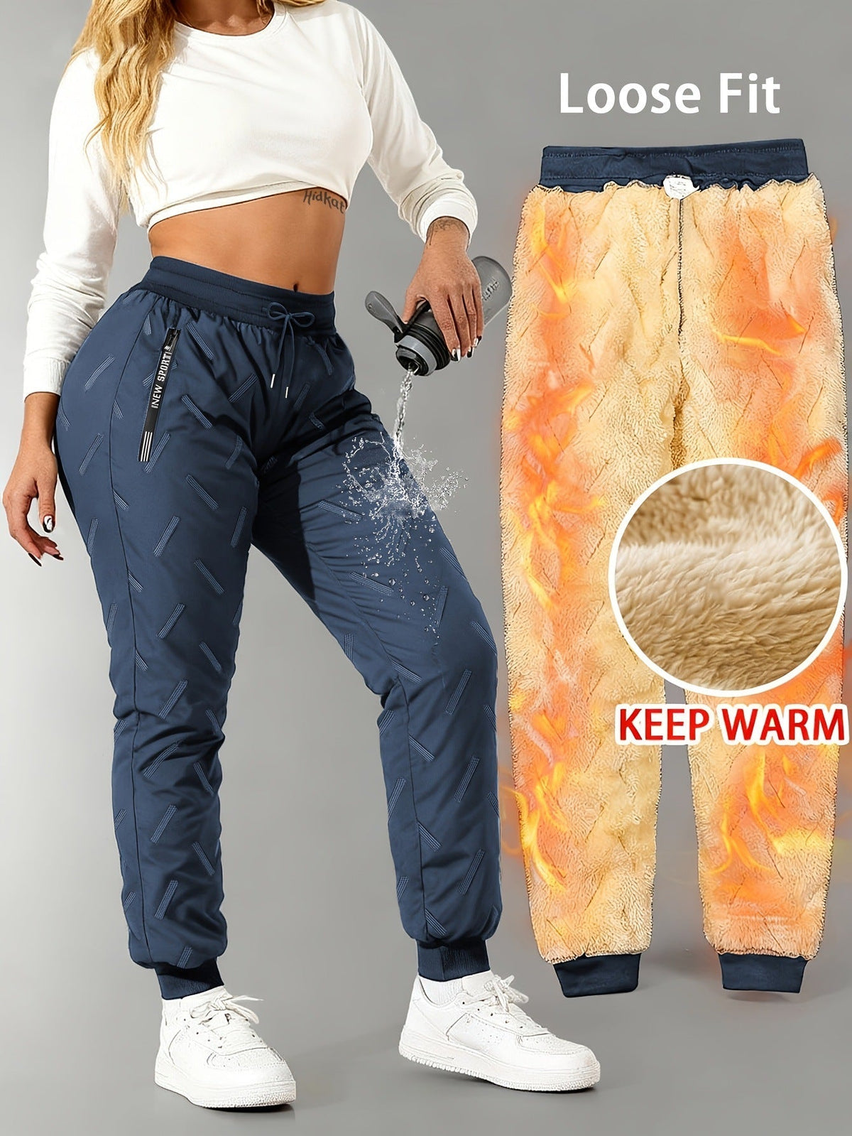 Fleevra | Pantaloni termici con fodera in pile, idrorepellenti, 2 tasche con cerniera