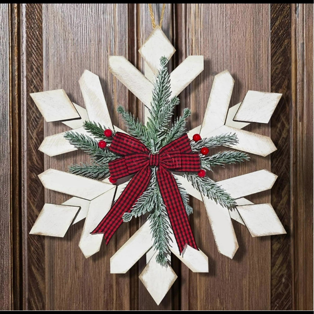 Flocara | Decoración mural de copos de nieve con ramas de abeto y lazo de cuadros, 30 cm