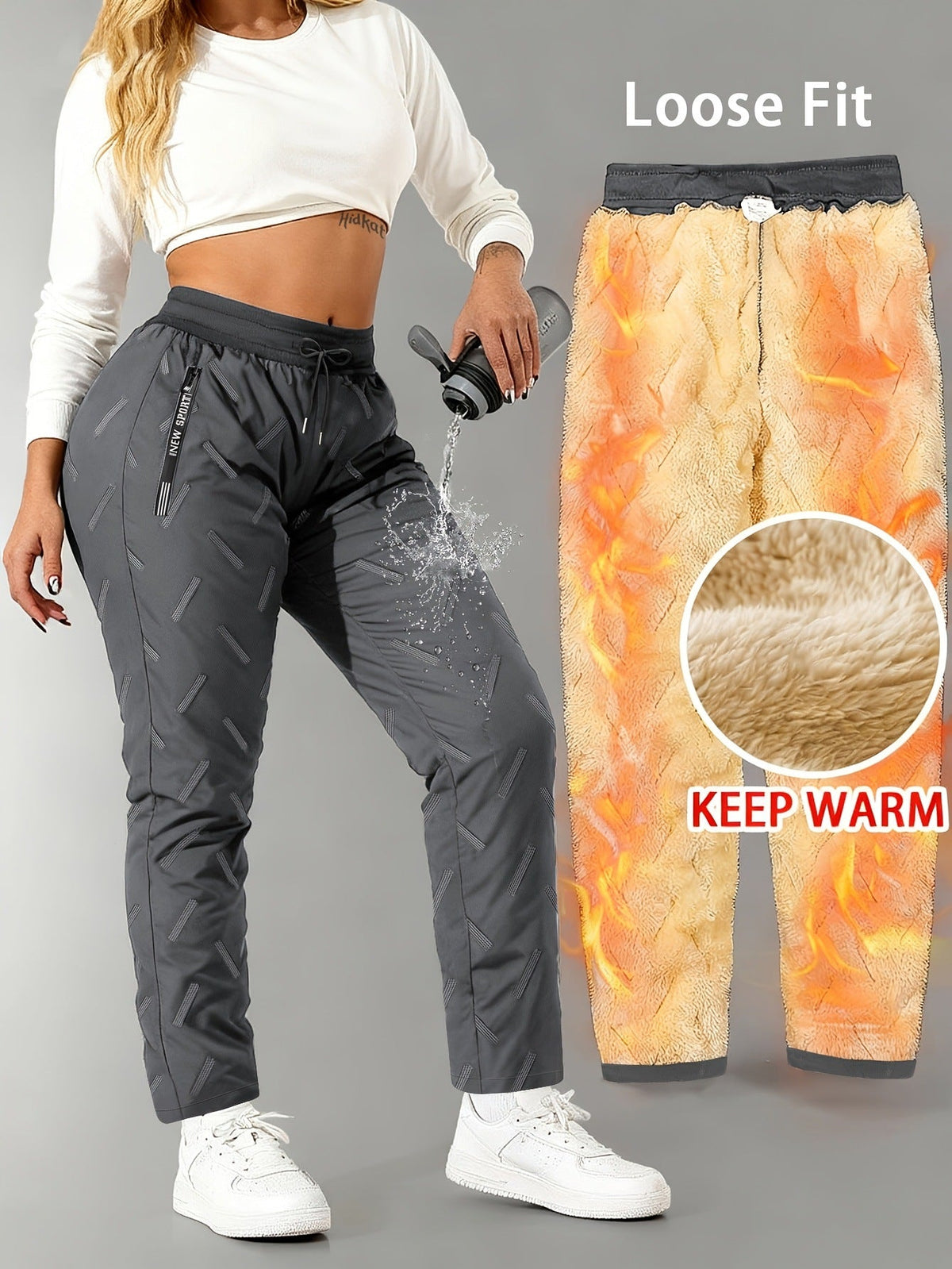 Fleevra | Pantaloni termici con fodera in pile, idrorepellenti, 2 tasche con cerniera