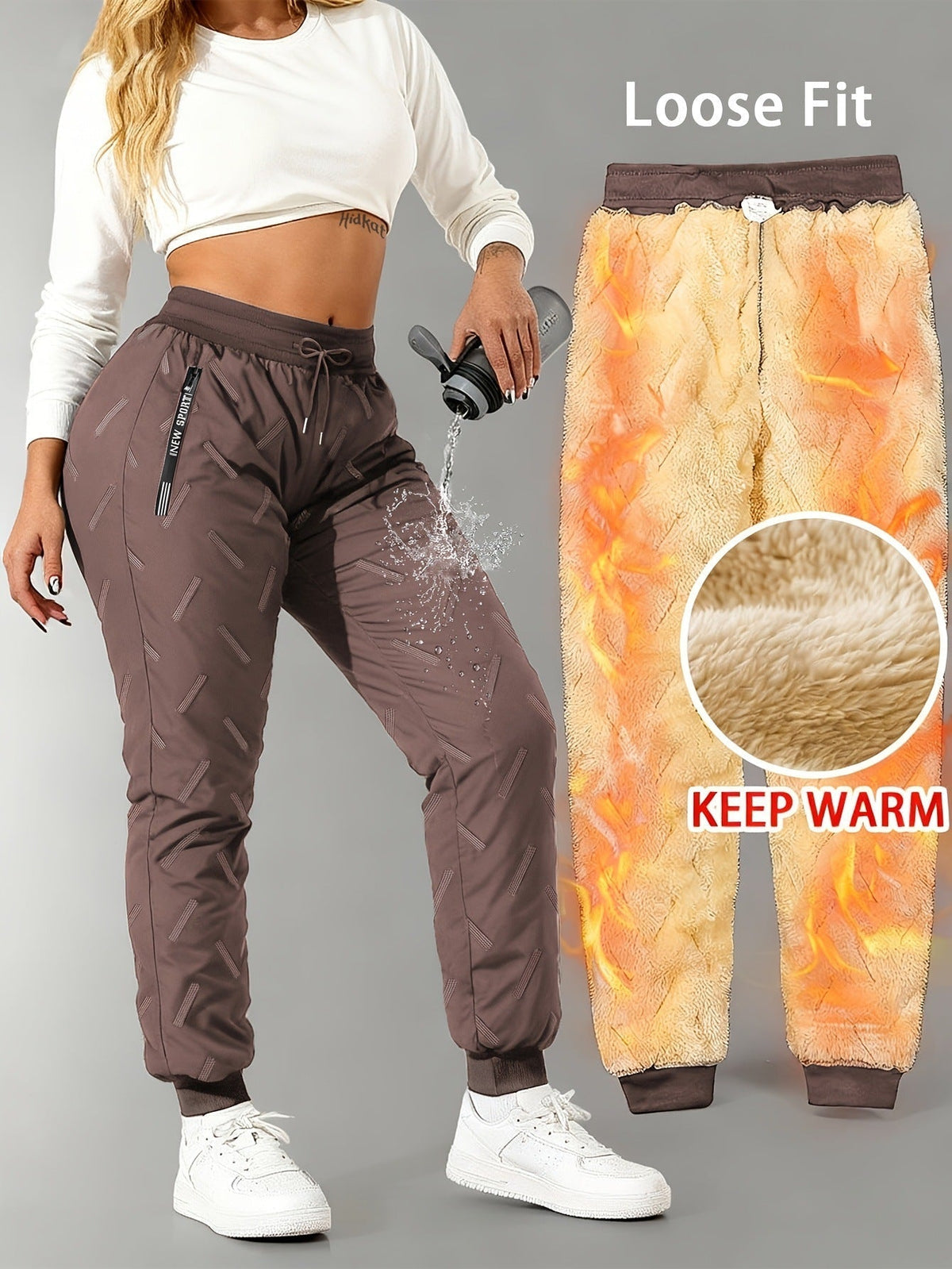 Fleevra | Pantaloni termici con fodera in pile, idrorepellenti, 2 tasche con cerniera