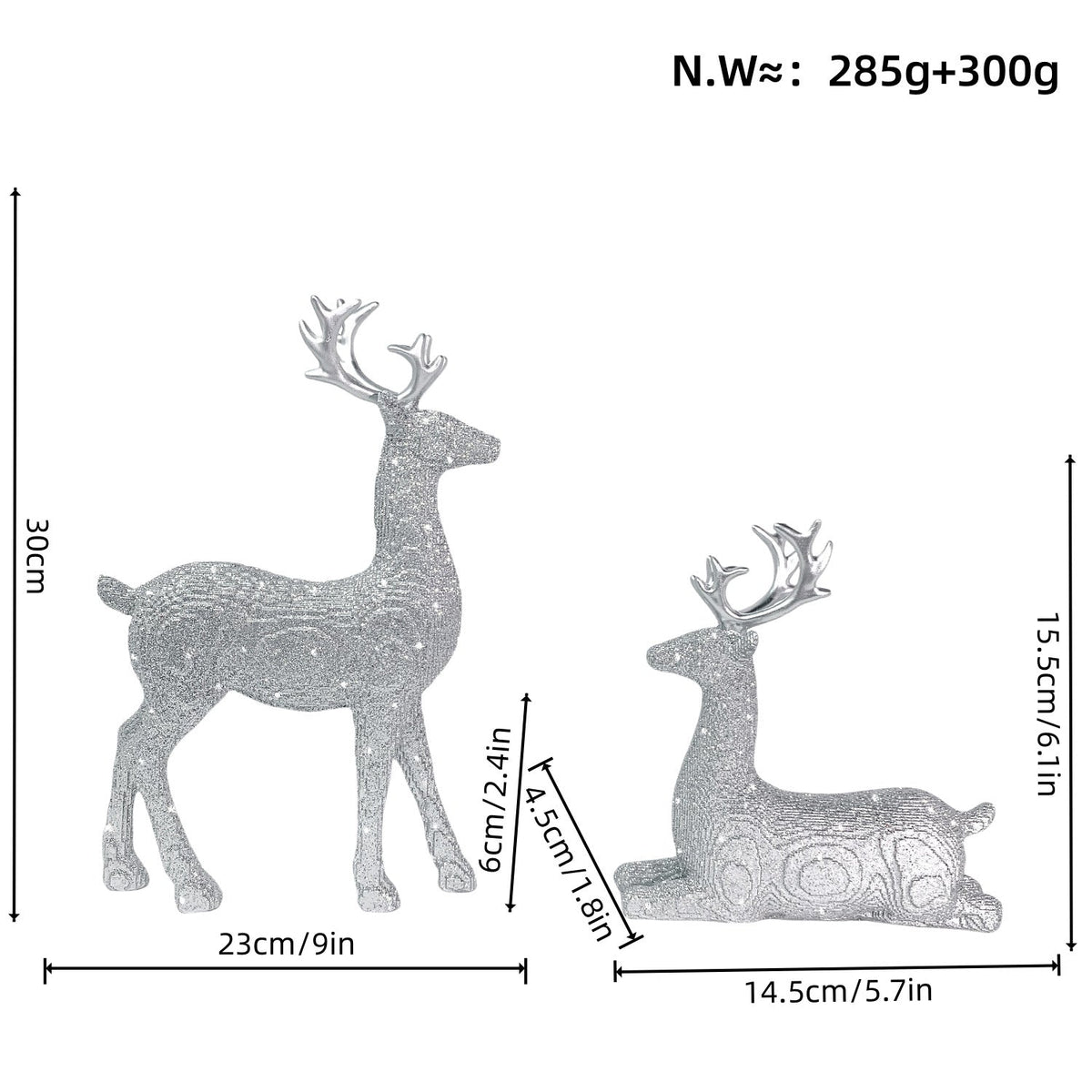 Rennika | Glitter Reindeer Figurines in Resin, Set of 2, 30 and 15.5 cm