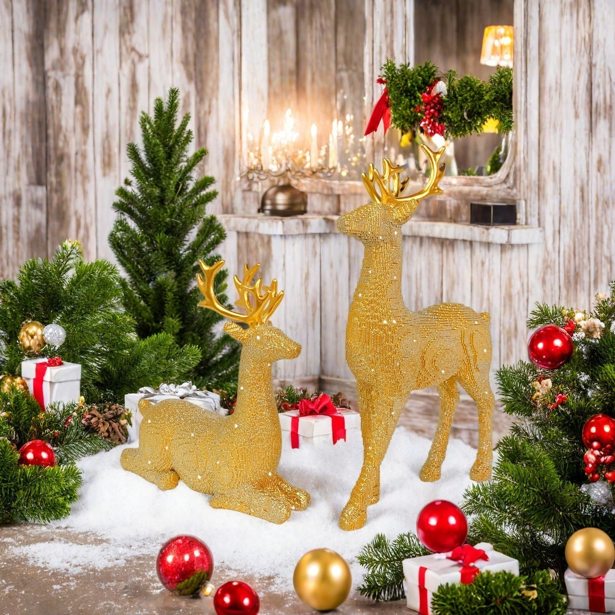 Rennika | Glitter Reindeer Figurines in Resin, Set of 2, 30 and 15.5 cm