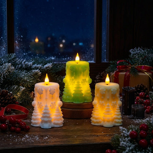 Kerzova | LED-Dekokerze mit winterlichem Reliefdesign und Flammenlicht