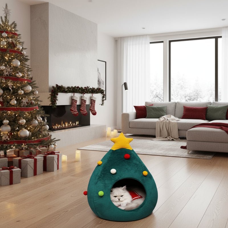Catypine | Cama para gatos con forma de árbol de Navidad, de felpa y lavable