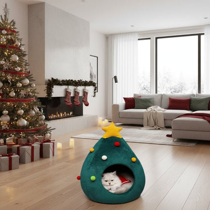 Catypine | Cama para gatos con forma de árbol de Navidad, de felpa y lavable