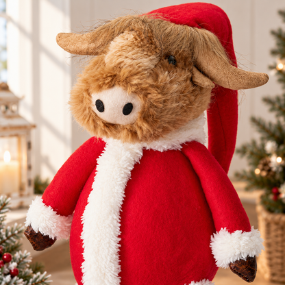 Mossla | Bue delle Highlands in peluche da seduto per Natale con cappello, 66 cm