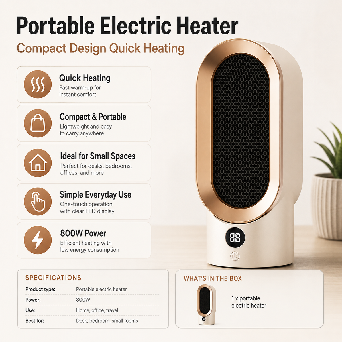 Glutavo | Termoventilatore compatto da 800 W per ufficio, camera da letto e viaggi