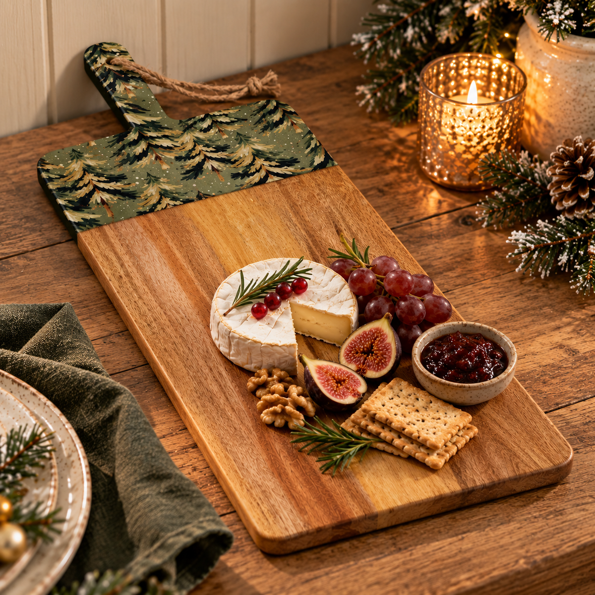 Silvaro | Tabla de servir de madera de mango con esmalte y diseño de bosque invernal, 50 cm