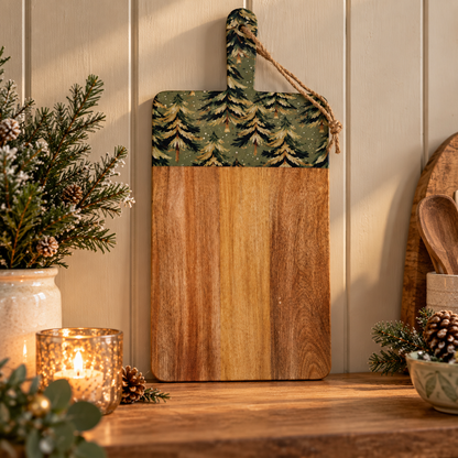 Silvaro | Tabla de servir de madera de mango con esmalte y diseño de bosque invernal, 50 cm
