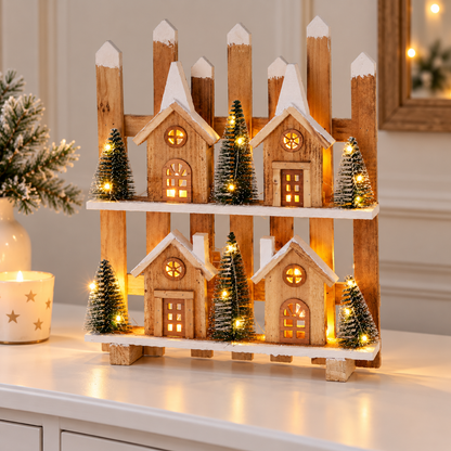 Lindoro | Villaggio natalizio illuminato in legno con LED e timer, 48 cm