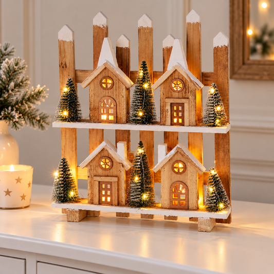 Lindoro | Beleuchtetes Weihnachtsdorf aus Holz mit LED und Timer, 48 cm