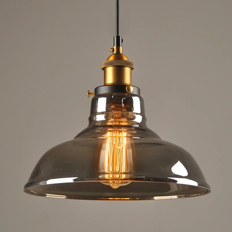 Lampada a sospensione retro Elliot – Lampada a sospensione vintage con paralume in vetro grigio fumo