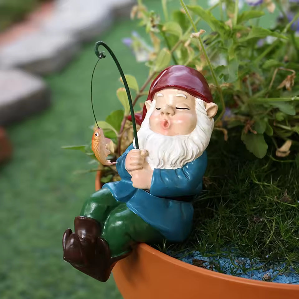 Nano da giardino con canna da pesca | Figura decorativa in resina | Per interno & esterno