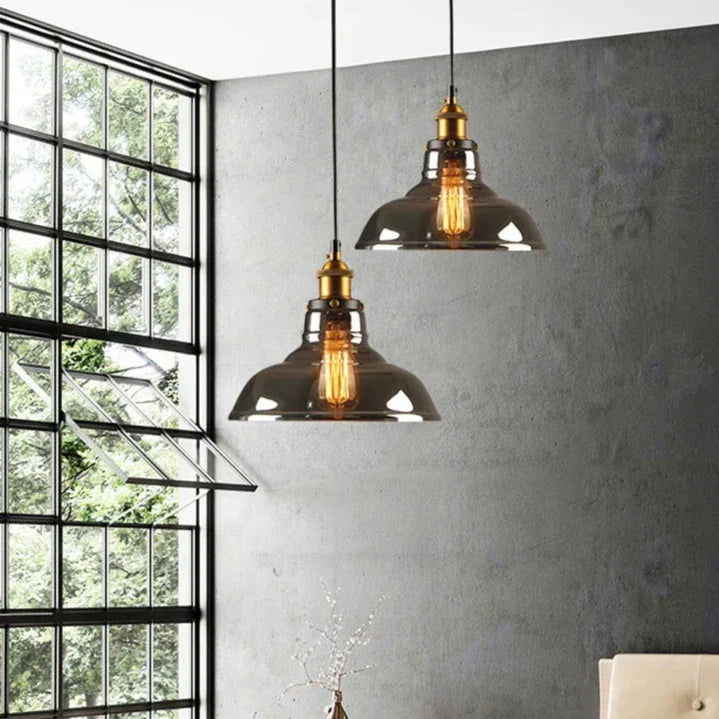 Lampada a sospensione retro Elliot – Lampada a sospensione vintage con paralume in vetro grigio fumo