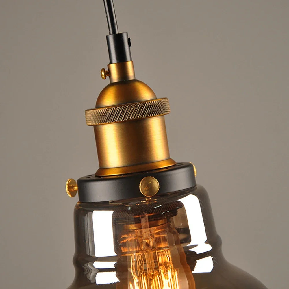 Lampada a sospensione retro Elliot – Lampada a sospensione vintage con paralume in vetro grigio fumo