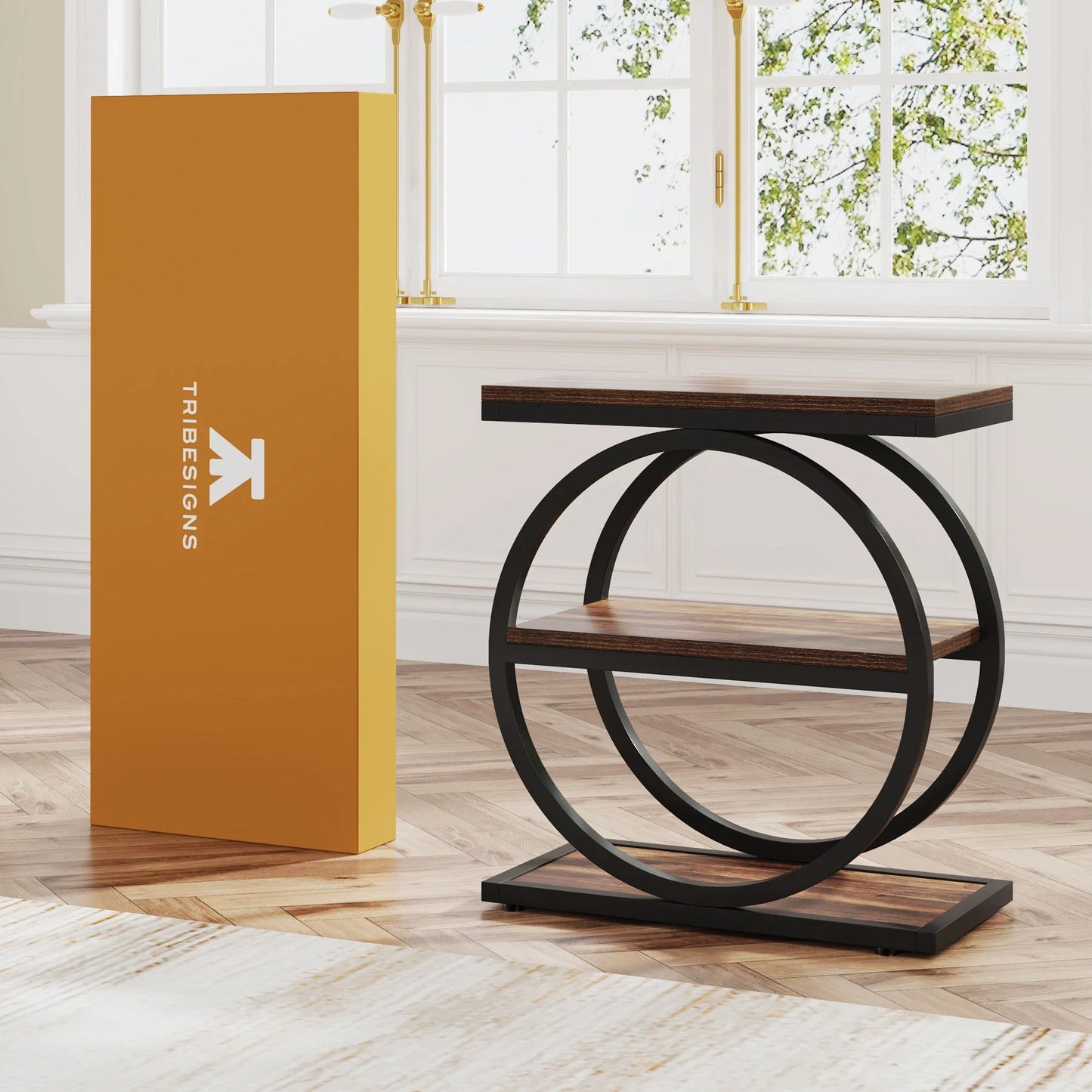 Isyvelra – Table d’Appoint Industrielle Étroite en Bois avec 3 Compartiments de Rangement