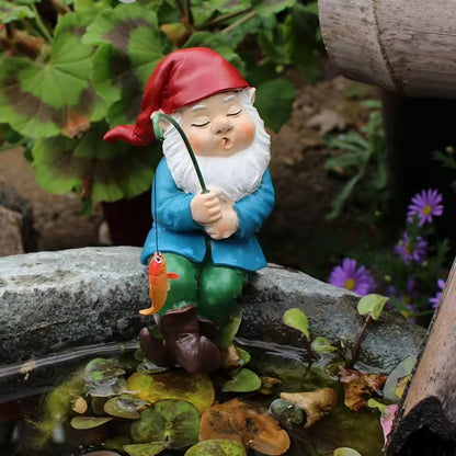 Nano da giardino con canna da pesca | Figura decorativa in resina | Per interno & esterno