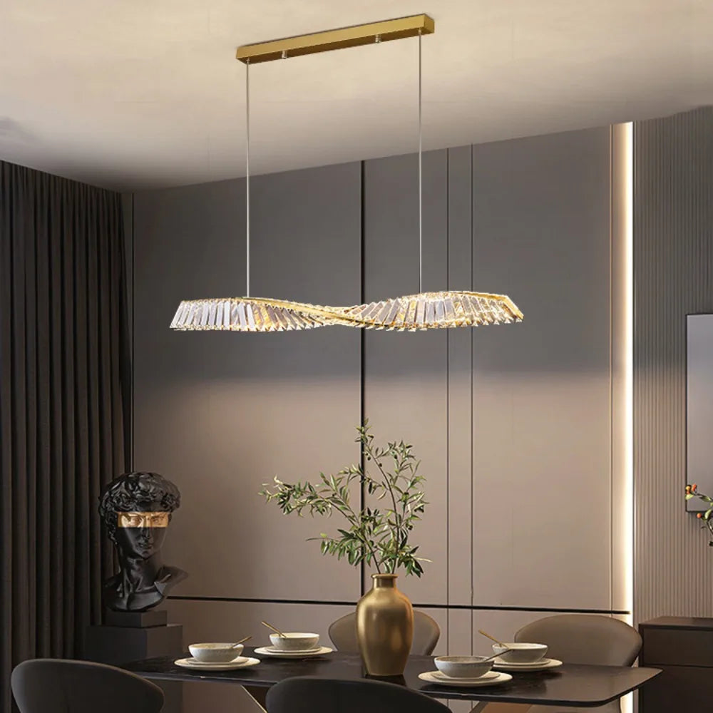 Astrion | Lampada a sospensione LED moderna con cristalli e design a spirale per tavolo da pranzo