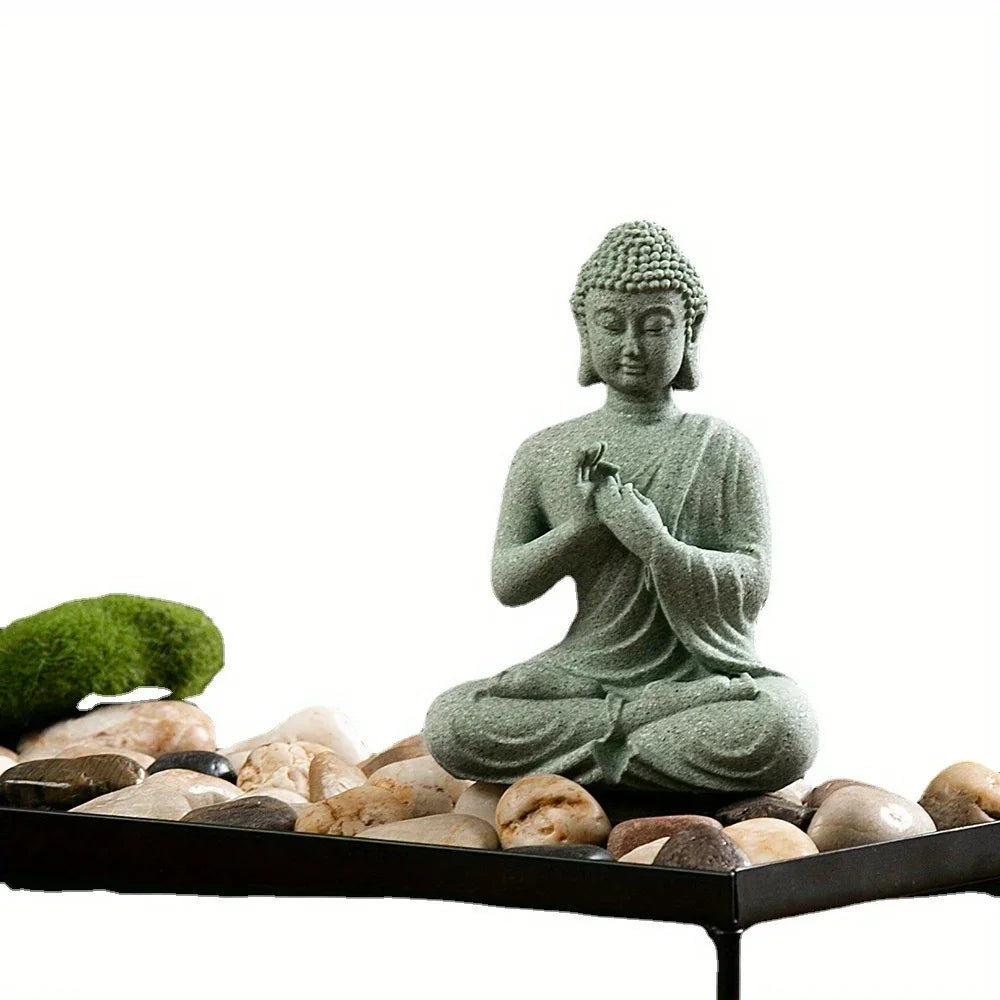 Brunno Figur | Zen-Buddha aus grünem Sandstein für Tisch & Aquarium