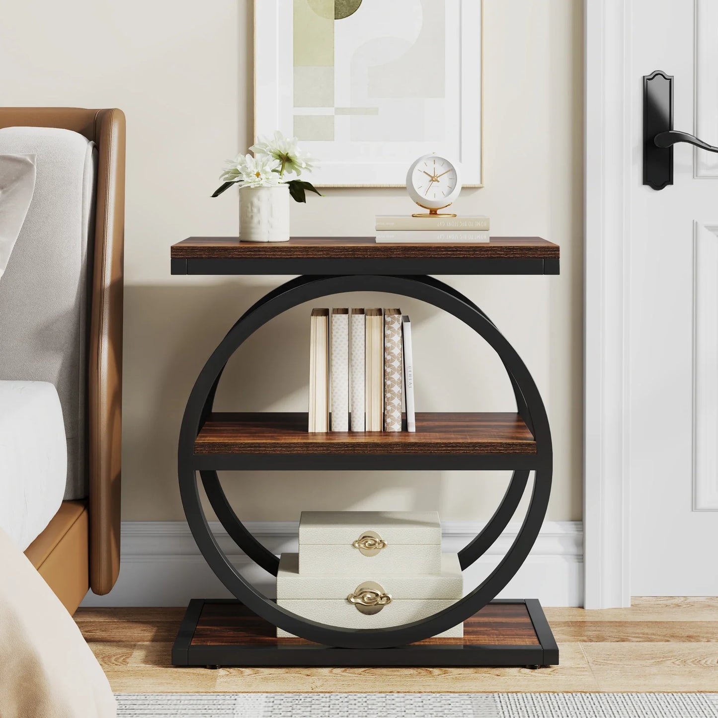 Isyvelra – Table d’Appoint Industrielle Étroite en Bois avec 3 Compartiments de Rangement