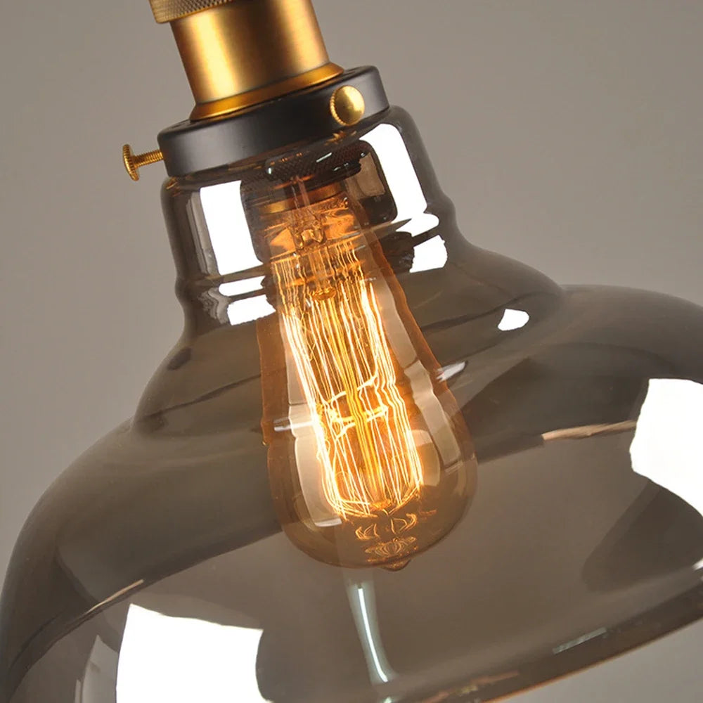 Lampada a sospensione retro Elliot – Lampada a sospensione vintage con paralume in vetro grigio fumo