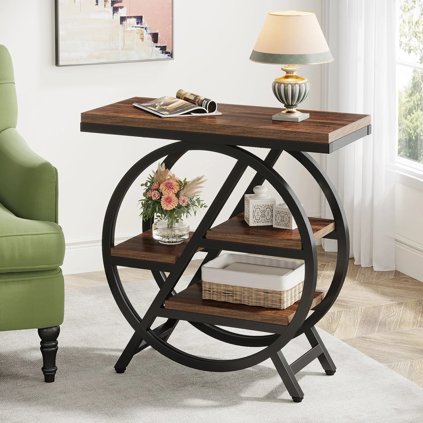 Isyvelra – Table d’Appoint Industrielle Étroite en Bois avec 3 Compartiments de Rangement