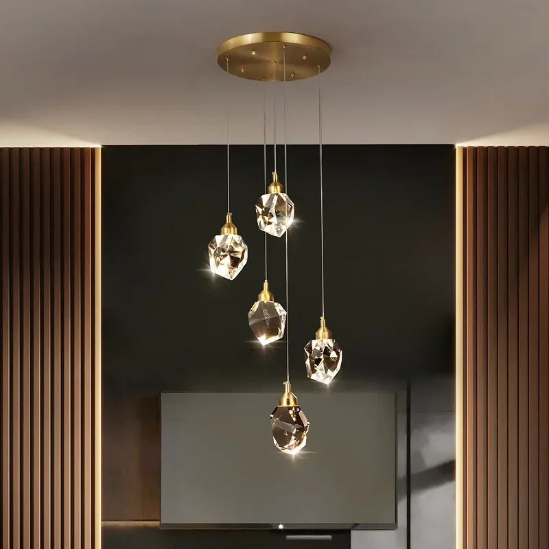 Lampada a sospensione Nina – Lampada da soffitto LED con 5 paralumi in vetro cristallo dorato