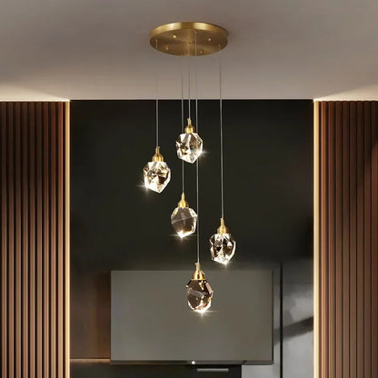 Lampada a sospensione Nina – Lampada da soffitto LED con 5 paralumi in vetro cristallo dorato