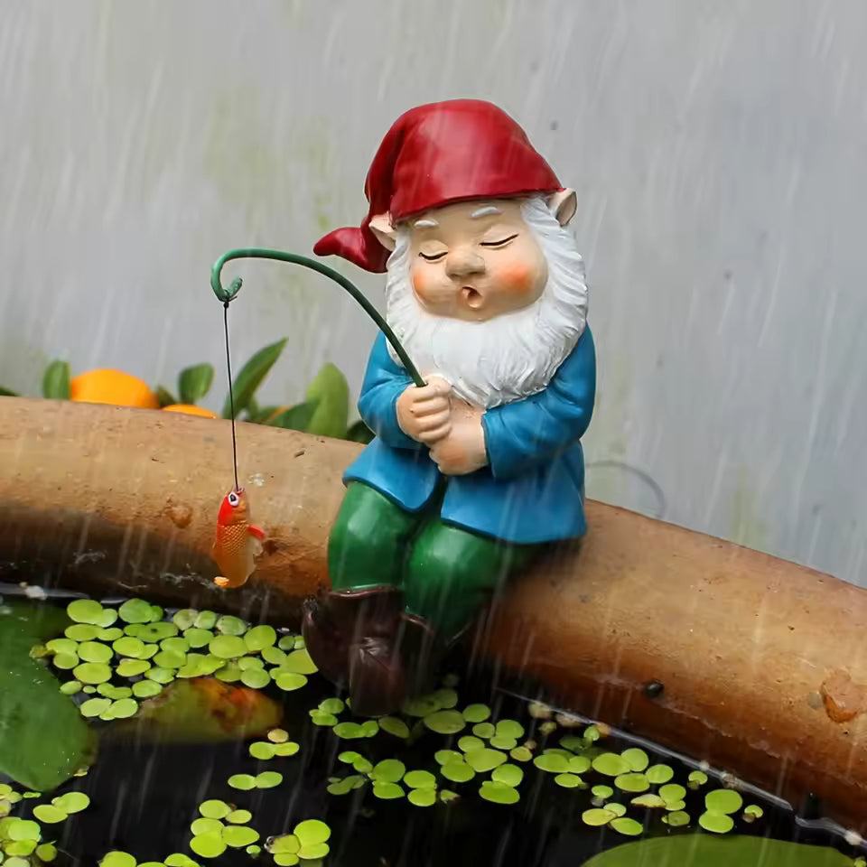 Nano da giardino con canna da pesca | Figura decorativa in resina | Per interno & esterno