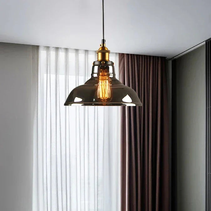 Lampada a sospensione retro Elliot – Lampada a sospensione vintage con paralume in vetro grigio fumo