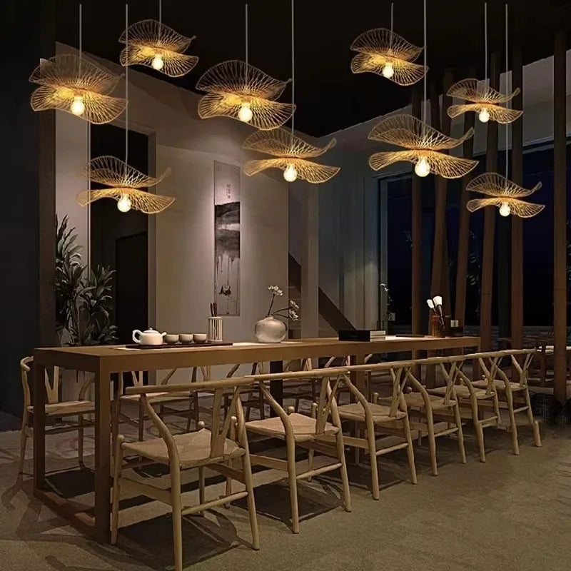 Kōra Nami | Dwuwarstwowa bambusowa lampa wisząca w stylu Japandi do jadalni