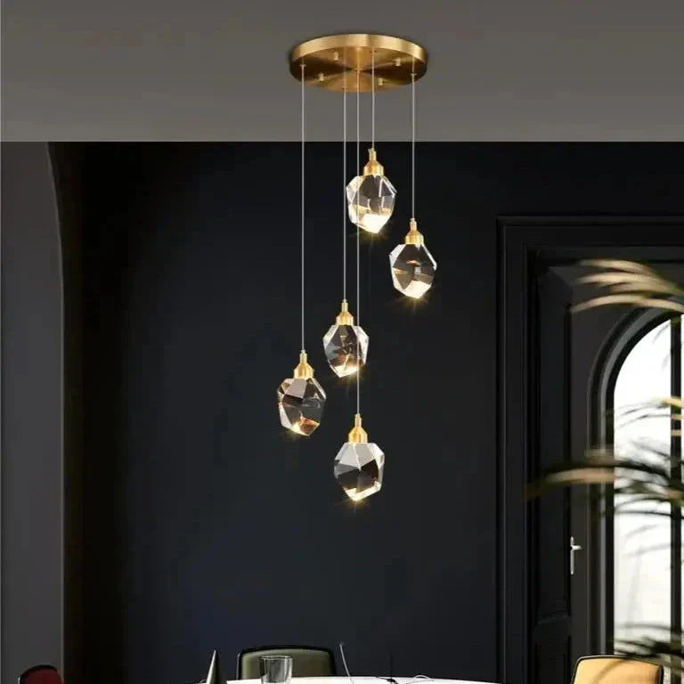 Lampada a sospensione Nina – Lampada da soffitto LED con 5 paralumi in vetro cristallo dorato