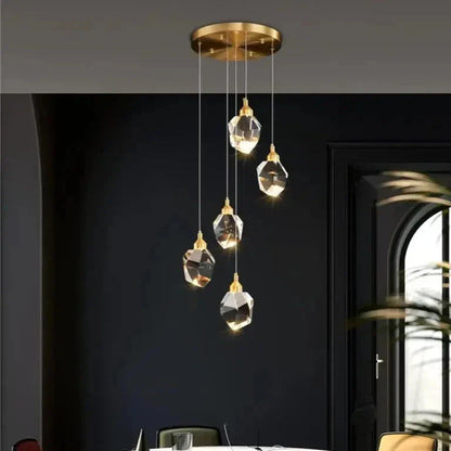 Lampada a sospensione Nina – Lampada da soffitto LED con 5 paralumi in vetro cristallo dorato