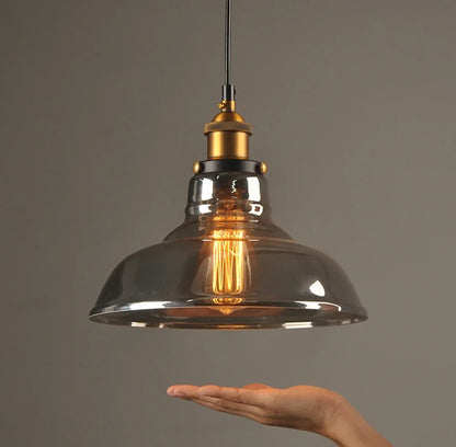 Lampada a sospensione retro Elliot – Lampada a sospensione vintage con paralume in vetro grigio fumo