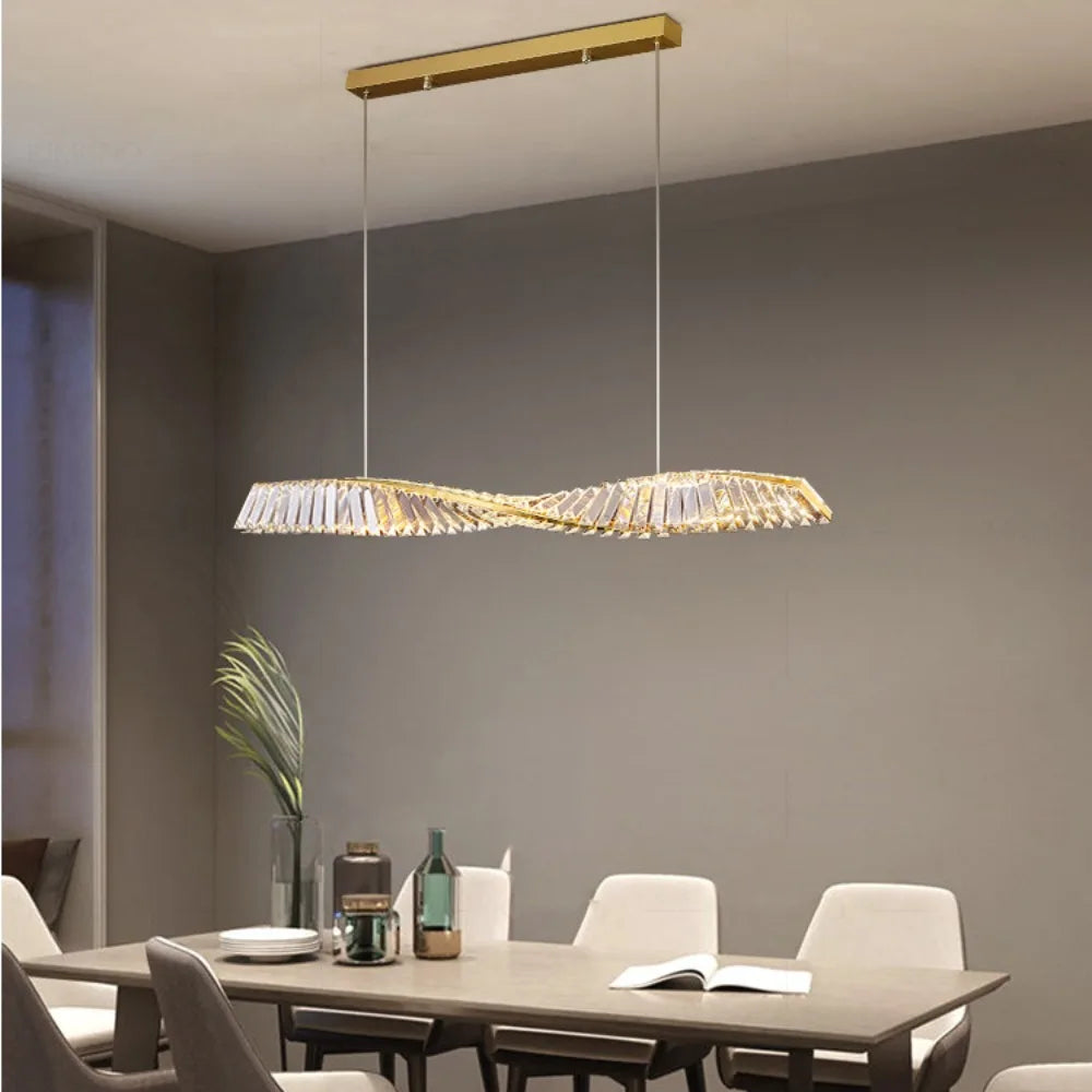 Astrion | Lampada a sospensione LED moderna con cristalli e design a spirale per tavolo da pranzo