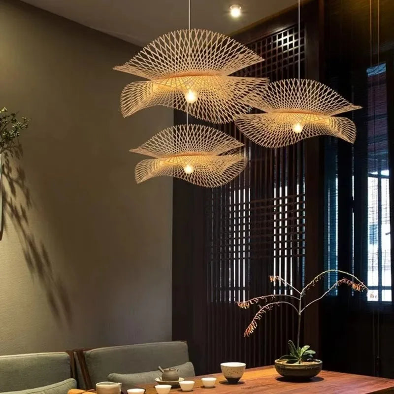 Kōra Nami | Dwuwarstwowa bambusowa lampa wisząca w stylu Japandi do jadalni